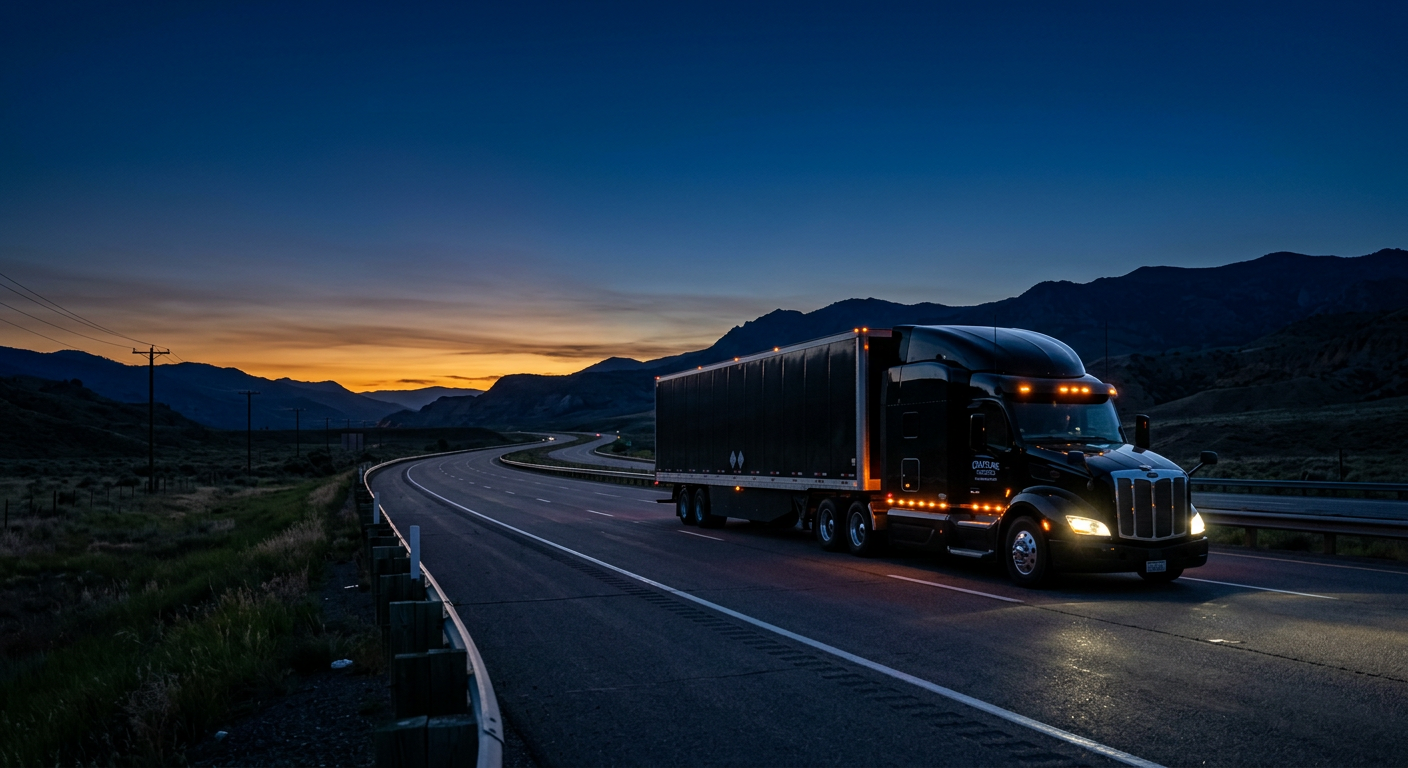 Black semi-truck driving down an empty interstate highway at dusk with its lights on